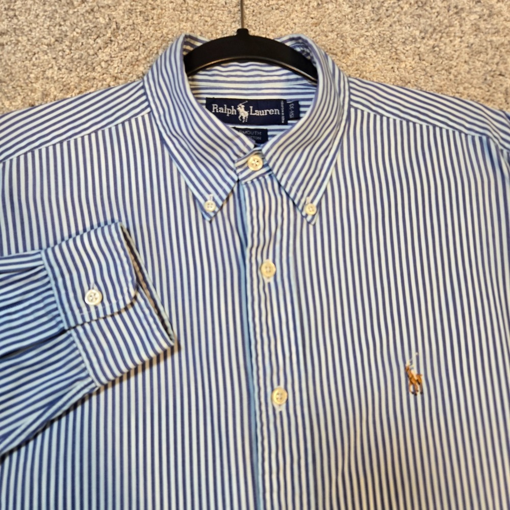 Ralph Lauren shirt Yarmouth Cotton Blue White Striped men 15.5/33 (M) flesh pony